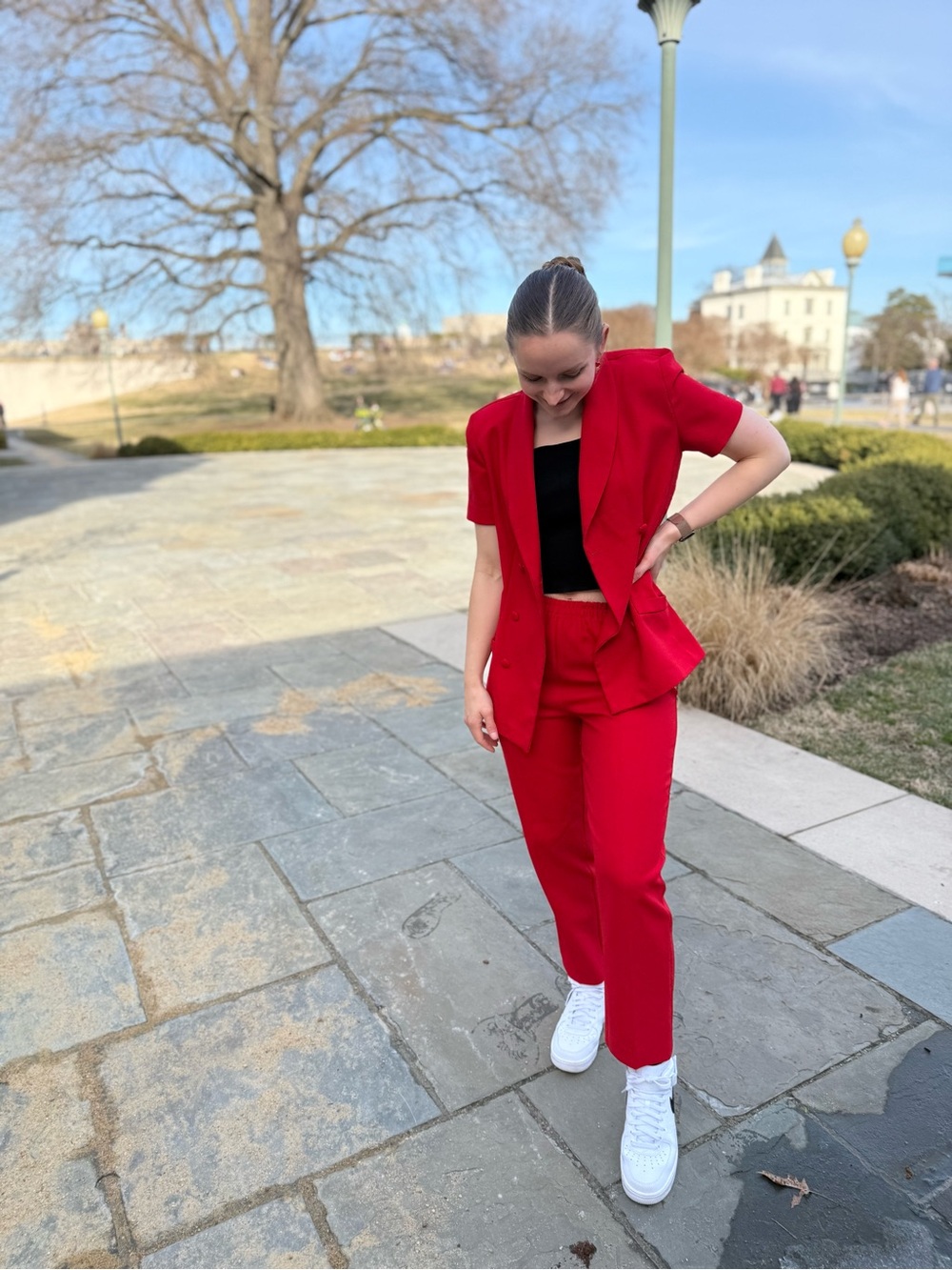2 Piece Suit- Red Short-Sleeve Double-Breasted Blazer and Pants